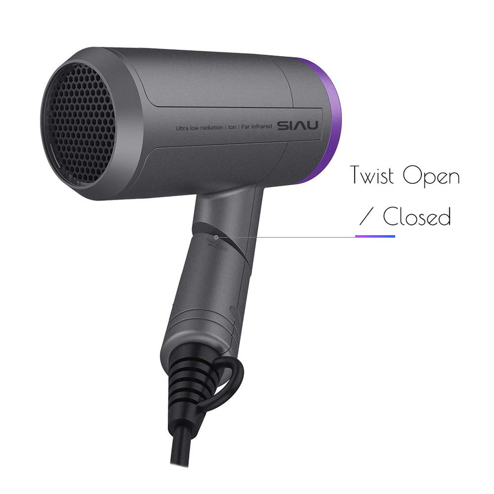 SIAU Woman Light Weight Hair Dryer Foldable Negative Ionic Blow Dryer Far-infrared Kids Travel Mini Styler (Metal Gray)