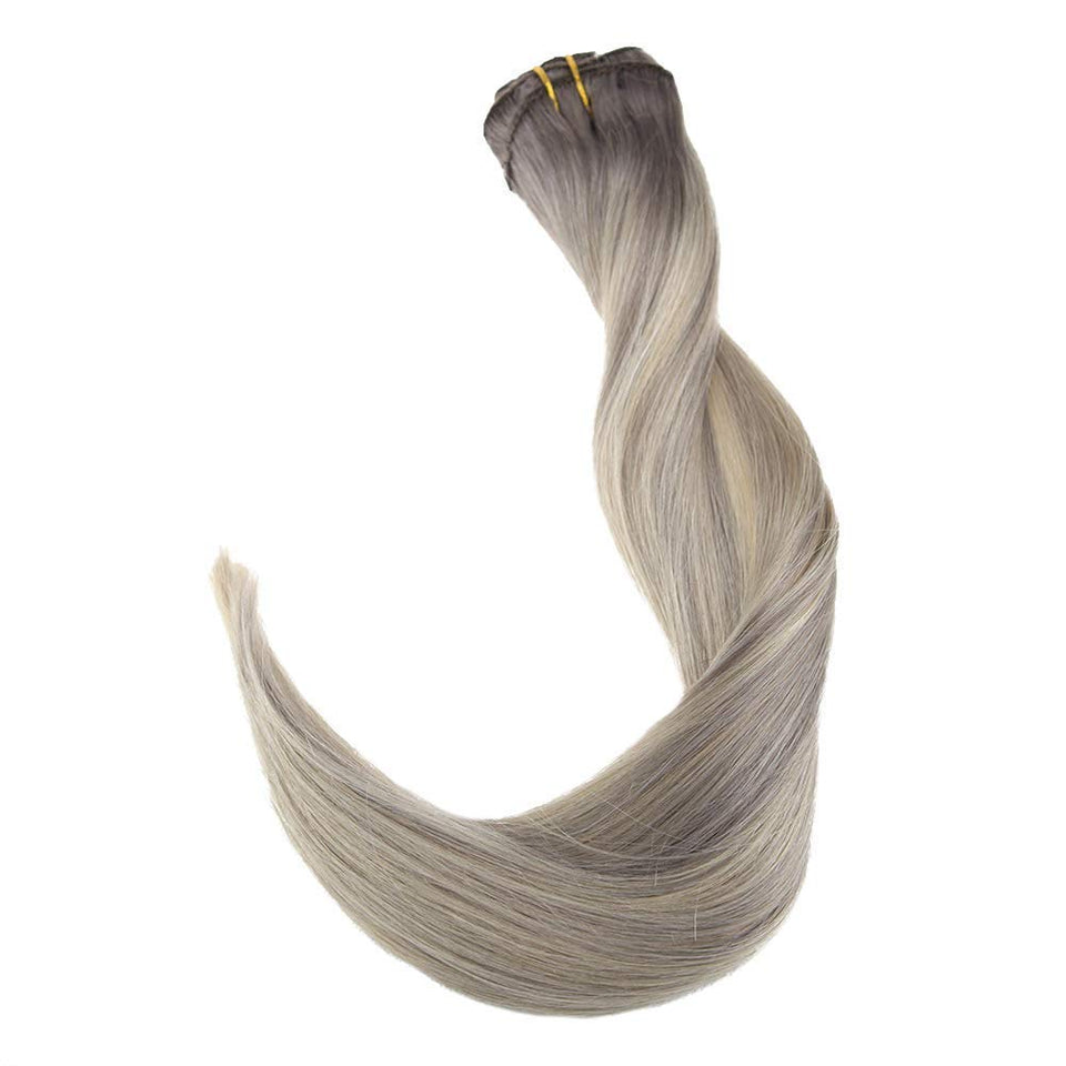 Full Shine 18" Thick Hair Full Head Clip In Hair Extensions Ombre Color #19A Ash Blonde Fading To Color #60 White Blonde Highlight Human Hair