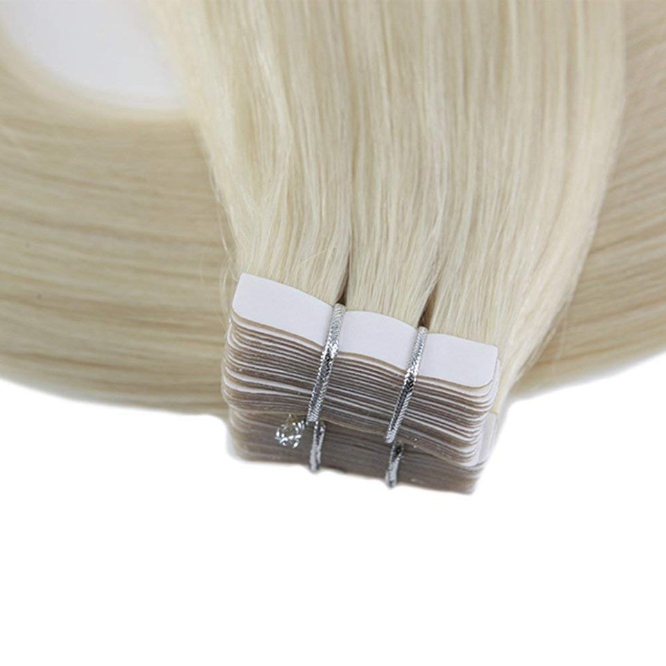 Moresoo Remy Human Hair Extensions 14inch Tape on Hair Seamless Skin Weft Adhesive Hair Extensions Platinum Blonde #60 Human Hair Extensions Blonde 20pcs/50g