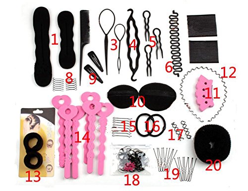 Set of 20 Donut Bun Maker Fashion Hair Design Styling Accessory Maker Pads Hairpins Hairabands Clips Donut Maker Hair Braiding Tool Kit for Ladies Girls DIY Magic Hair Twist Styling Set