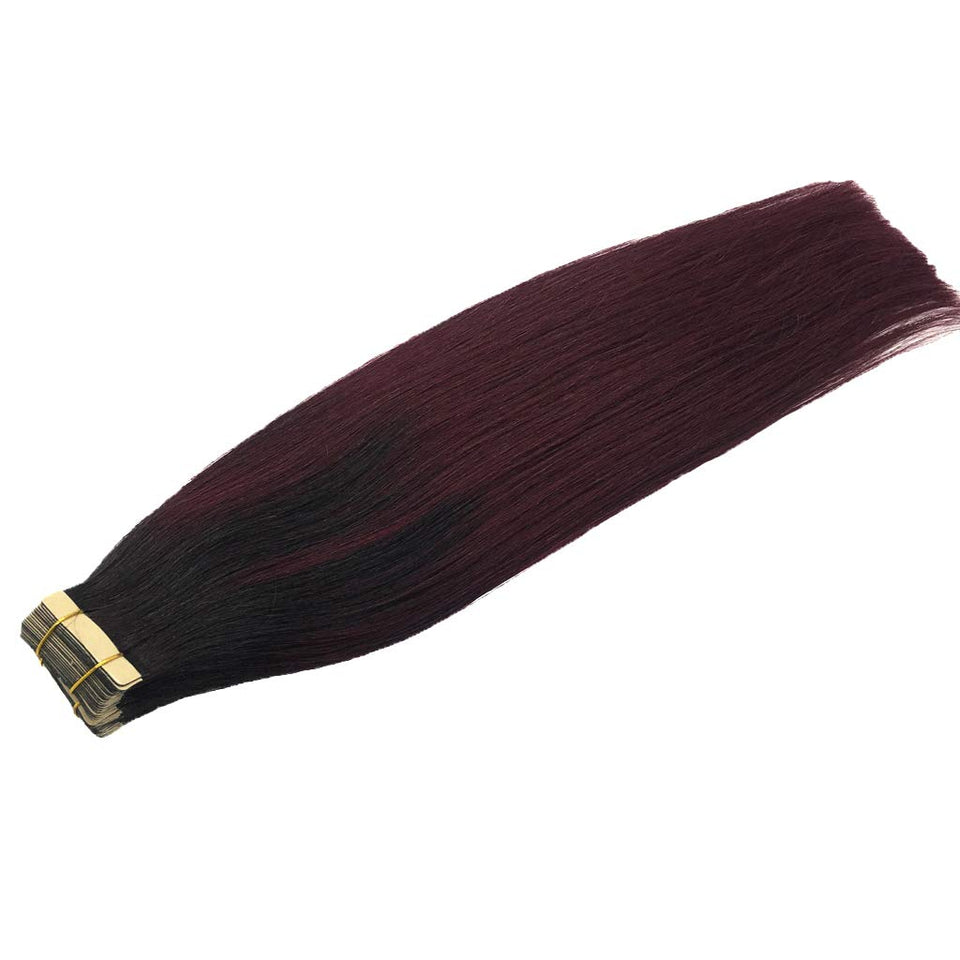 Googoo 22inch Hair ExtensionTape in Human Hair Balayage Black to Red Ombre Skin Weft Tape in Remy Hair Extensions Straight 20pcs 50g