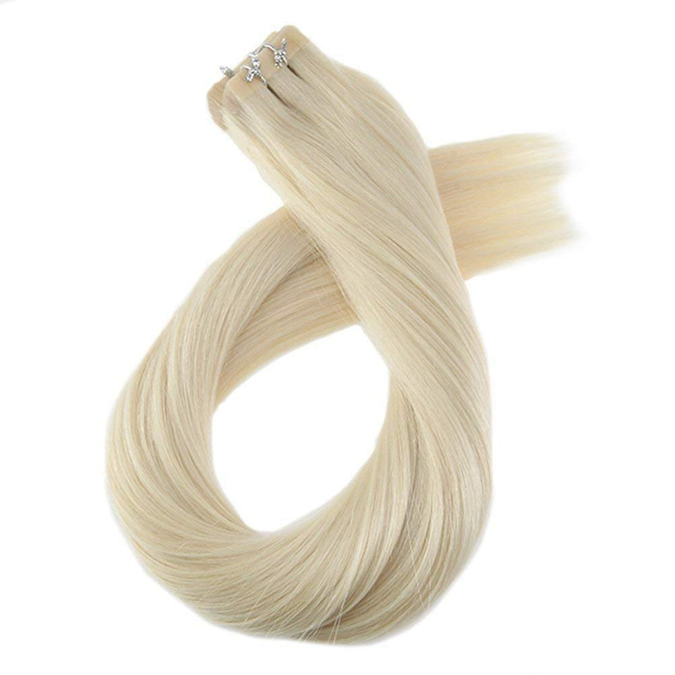 Moresoo Remy Human Hair Extensions 14inch Tape on Hair Seamless Skin Weft Adhesive Hair Extensions Platinum Blonde #60 Human Hair Extensions Blonde 20pcs/50g