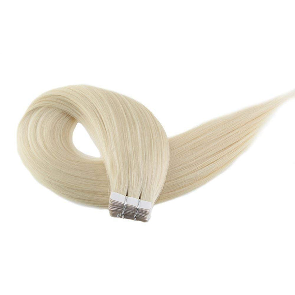 Moresoo Remy Human Hair Extensions 14inch Tape on Hair Seamless Skin Weft Adhesive Hair Extensions Platinum Blonde #60 Human Hair Extensions Blonde 20pcs/50g