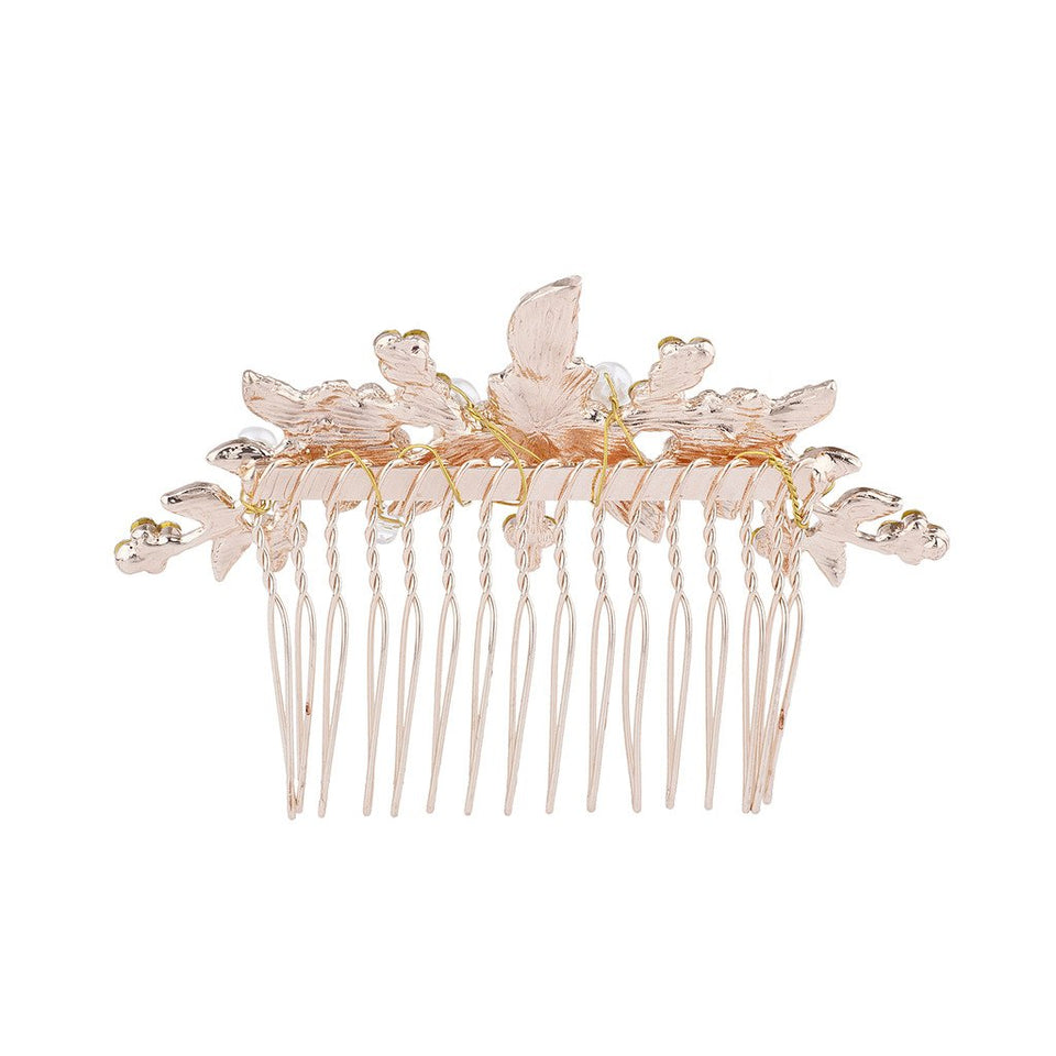 Lux Accessories Rose Gold Crystal Rhinestone Faux Pearl Flower Leaf Hair Comb
