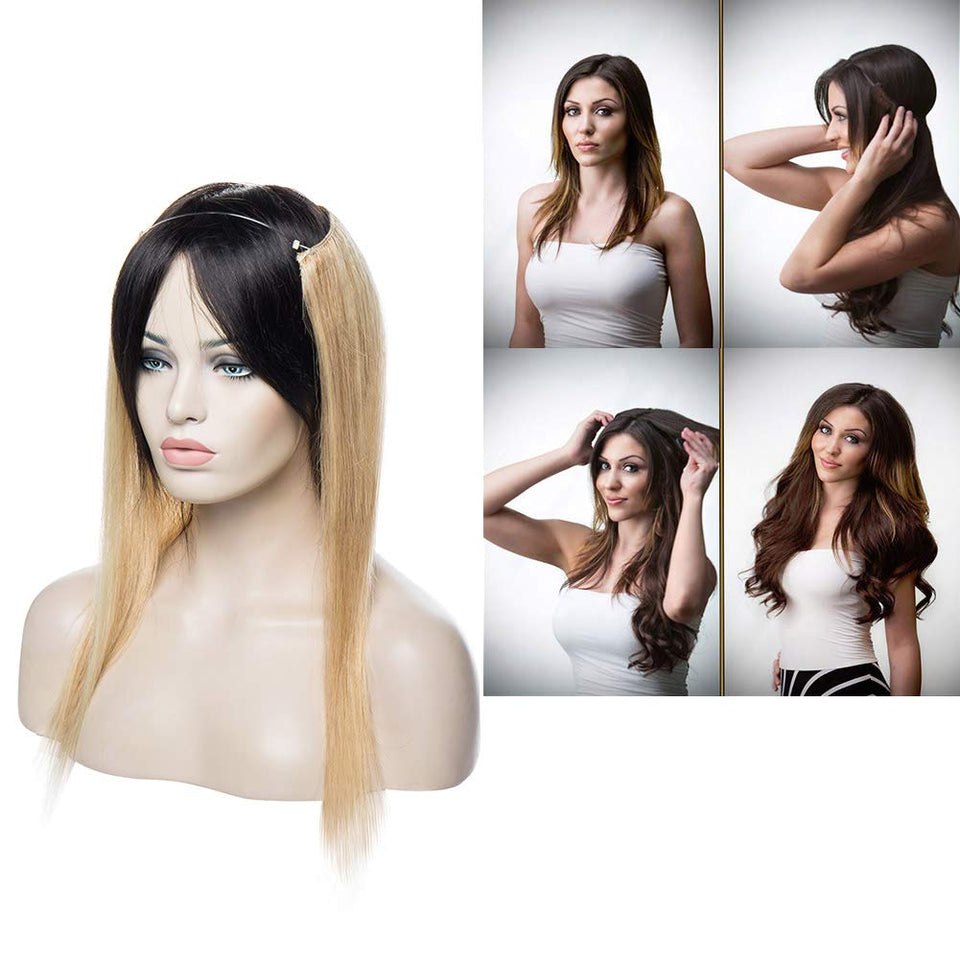 Hidden Invisible Crown Flip on Human Hair Extension One Piece Secret Miracle Wire in Hairpieces Highlight Remy Hair Translucent Fish Line Headband 60g 16'' #18/613 Light Ash Blonde/Bleach Blonde