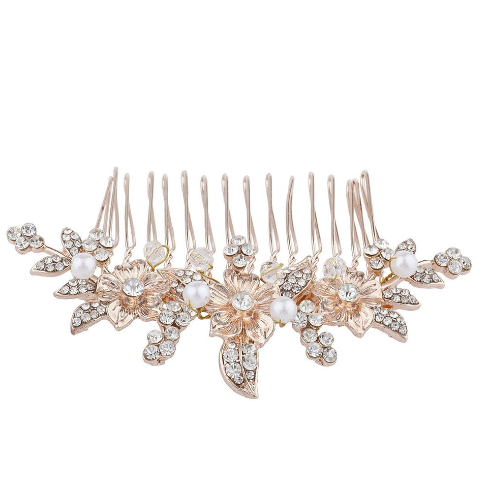 Lux Accessories Rose Gold Crystal Rhinestone Faux Pearl Flower Leaf Hair Comb