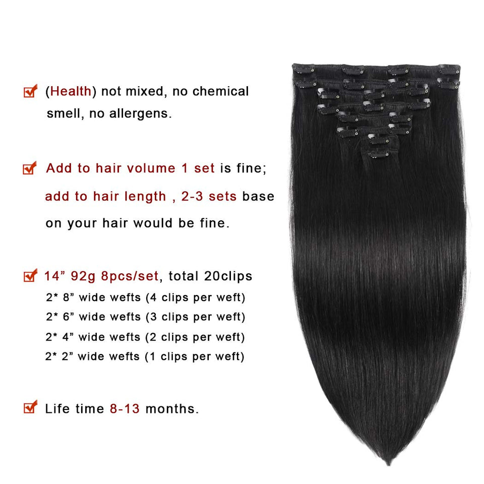 Real Clip in Hair Extensions Natural Black 8 Pieces - Premium Womens Straight Double Weft Thick Remy Hair Extensions Clip in on Human Hair for Long Hair (16" / 16 inch, 1B, 102 grams/3.6 Oz)