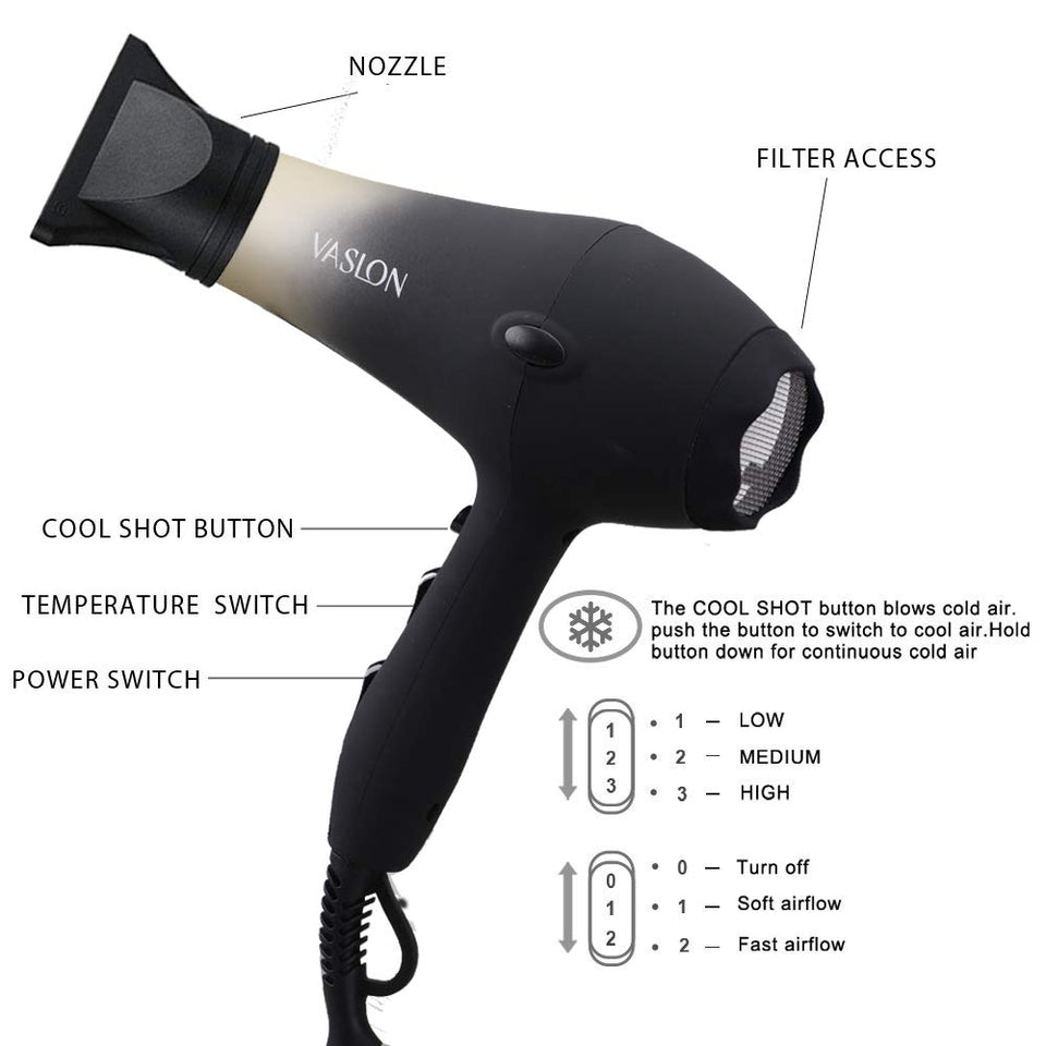 VASLON 1875W Professional Salon Hair Dryer Nano Ionic &Negative Ionic Blow Dryer AC Motor Fast Dry Low Noise Hair Blow Dryer with Diffuser & Concentrator 2 Speed and 3 Heat Setting