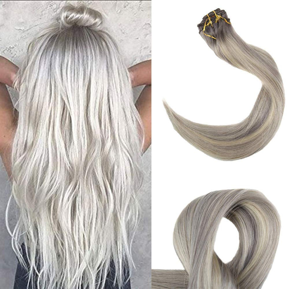 Full Shine 18" Thick Hair Full Head Clip In Hair Extensions Ombre Color #19A Ash Blonde Fading To Color #60 White Blonde Highlight Human Hair