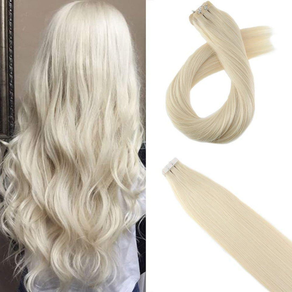 Moresoo Remy Human Hair Extensions 14inch Tape on Hair Seamless Skin Weft Adhesive Hair Extensions Platinum Blonde #60 Human Hair Extensions Blonde 20pcs/50g