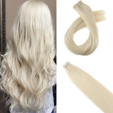 Moresoo Remy Human Hair Extensions 14inch Tape on Hair Seamless Skin Weft Adhesive Hair Extensions Platinum Blonde #60 Human Hair Extensions Blonde 20pcs/50g