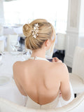 Mariell Couture Bridal Hair Comb with Hand Painted Gold Leaves, Freshwater Pearls and Crystals