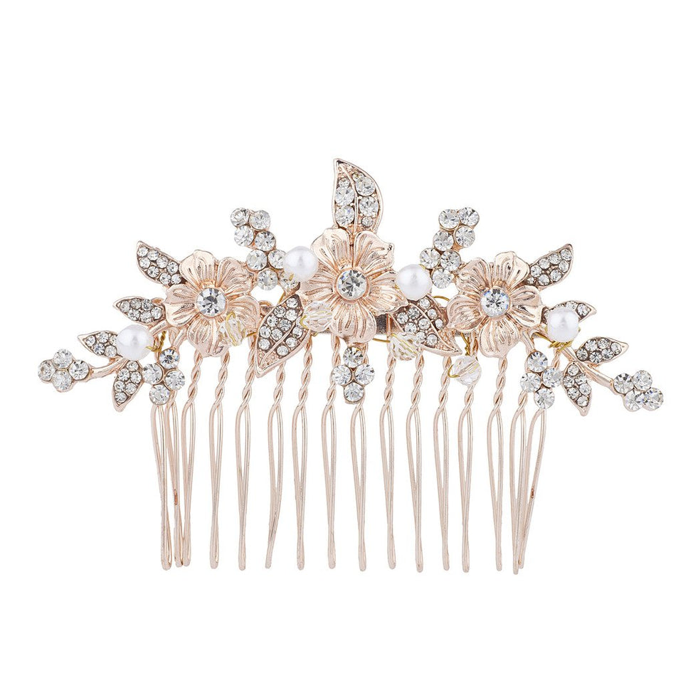 Lux Accessories Rose Gold Crystal Rhinestone Faux Pearl Flower Leaf Hair Comb