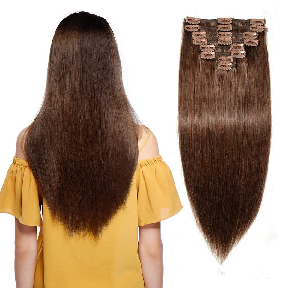 140g Double Weft Clip in 100% Remy Human Hair Extensions #4 Medium Brown Grade 7A Quality Full Head Thick Thickened Long Soft Silky Straight 8pcs 18clips for Women Fashion 18" / 18 inch