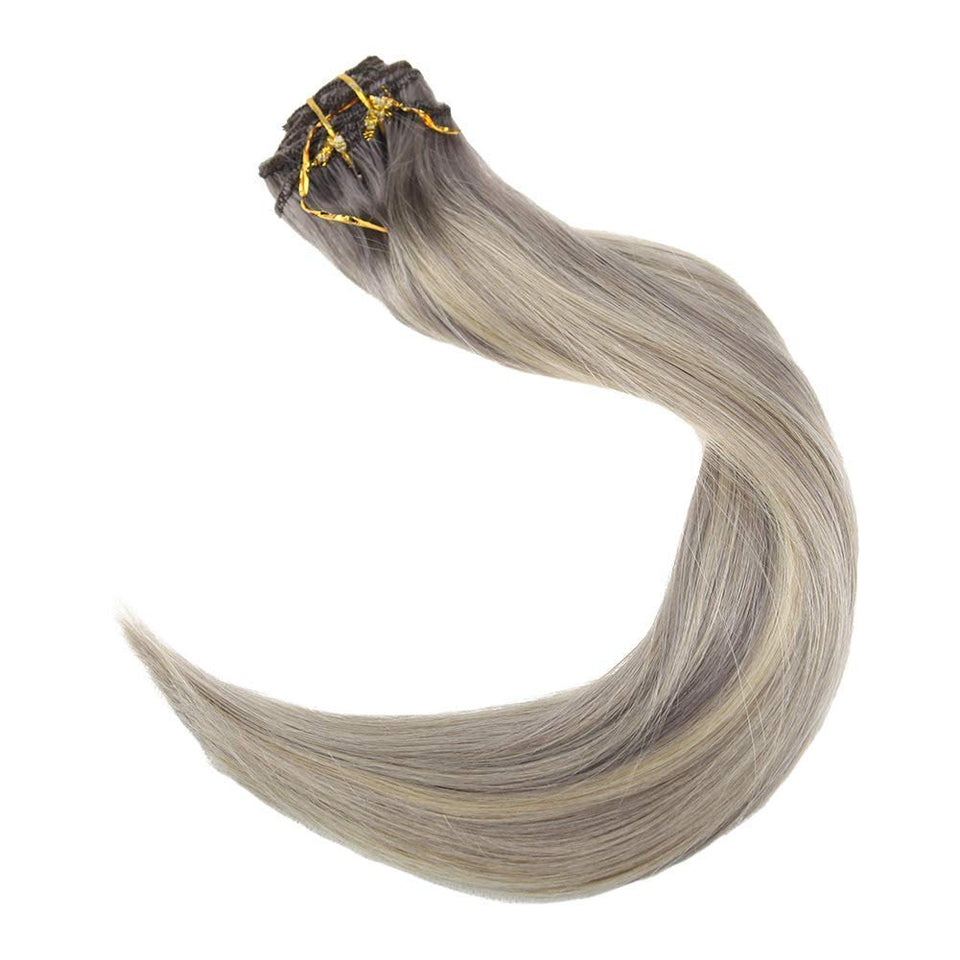 Full Shine 18" Thick Hair Full Head Clip In Hair Extensions Ombre Color #19A Ash Blonde Fading To Color #60 White Blonde Highlight Human Hair