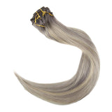 Full Shine 18" Thick Hair Full Head Clip In Hair Extensions Ombre Color #19A Ash Blonde Fading To Color #60 White Blonde Highlight Human Hair