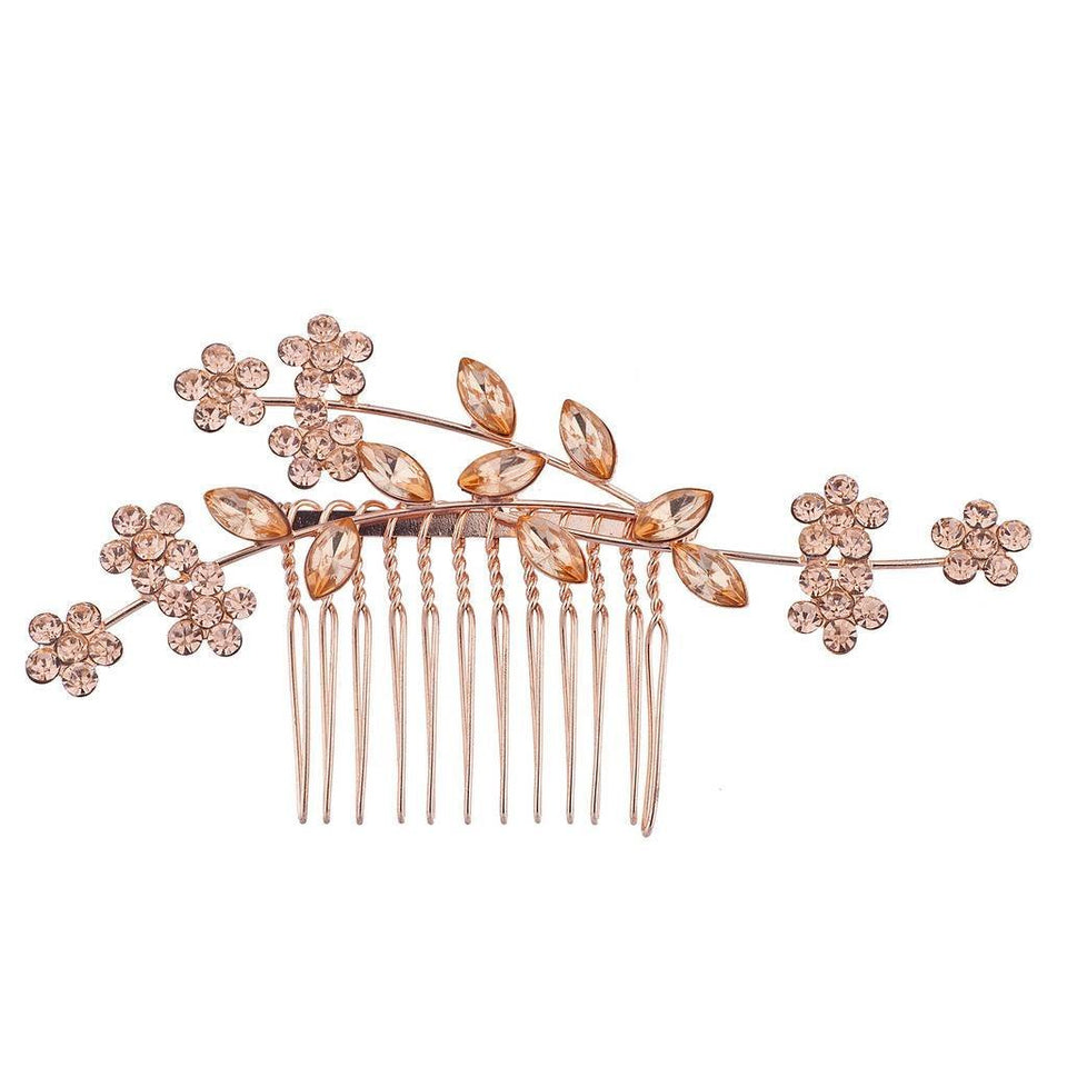 Lux Accessories Rose Gold Rhinestone Bridal Floral Flower Vine Metal Hair Comb