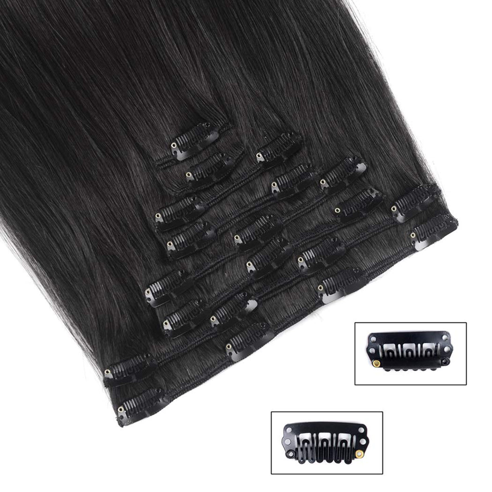 Real Clip in Hair Extensions Natural Black 8 Pieces - Premium Womens Straight Double Weft Thick Remy Hair Extensions Clip in on Human Hair for Long Hair (16" / 16 inch, 1B, 102 grams/3.6 Oz)
