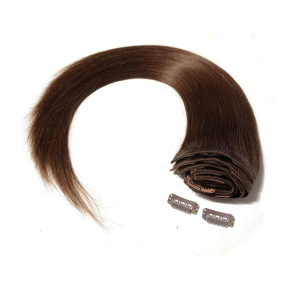 140g Double Weft Clip in 100% Remy Human Hair Extensions #4 Medium Brown Grade 7A Quality Full Head Thick Thickened Long Soft Silky Straight 8pcs 18clips for Women Fashion 18" / 18 inch
