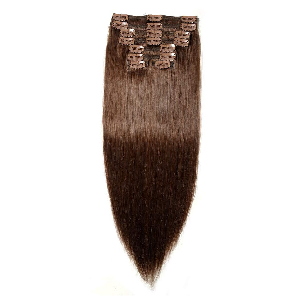 140g Double Weft Clip in 100% Remy Human Hair Extensions #4 Medium Brown Grade 7A Quality Full Head Thick Thickened Long Soft Silky Straight 8pcs 18clips for Women Fashion 18" / 18 inch