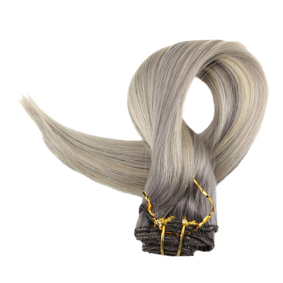 Full Shine 18" Thick Hair Full Head Clip In Hair Extensions Ombre Color #19A Ash Blonde Fading To Color #60 White Blonde Highlight Human Hair