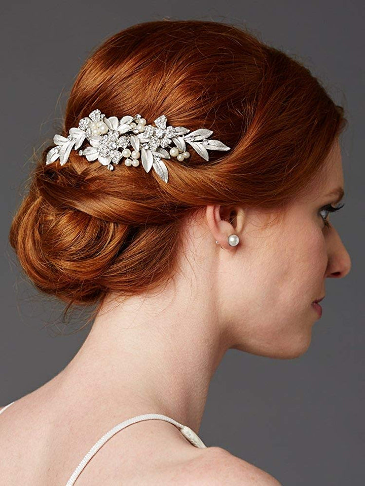 Mariell Couture Bridal Hair Comb with Hand Painted Leaves, Pave Crystal & Pearls