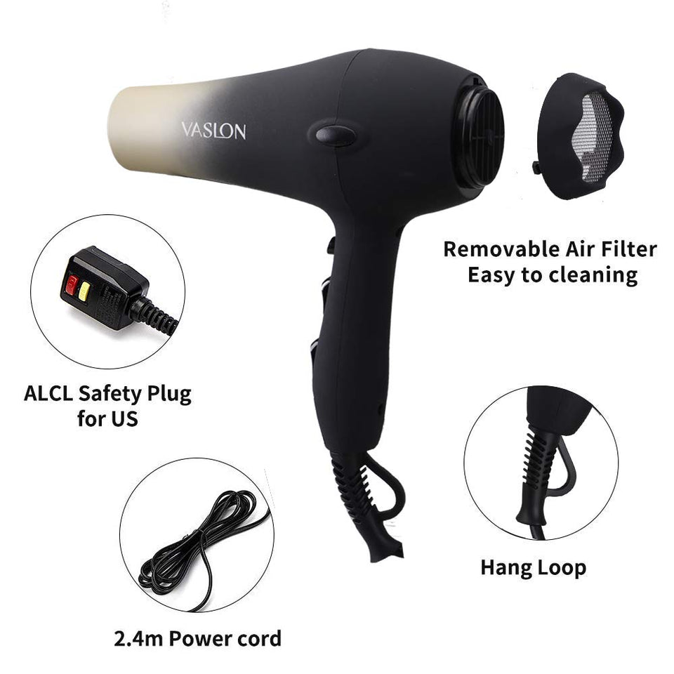 VASLON 1875W Professional Salon Hair Dryer Nano Ionic &Negative Ionic Blow Dryer AC Motor Fast Dry Low Noise Hair Blow Dryer with Diffuser & Concentrator 2 Speed and 3 Heat Setting