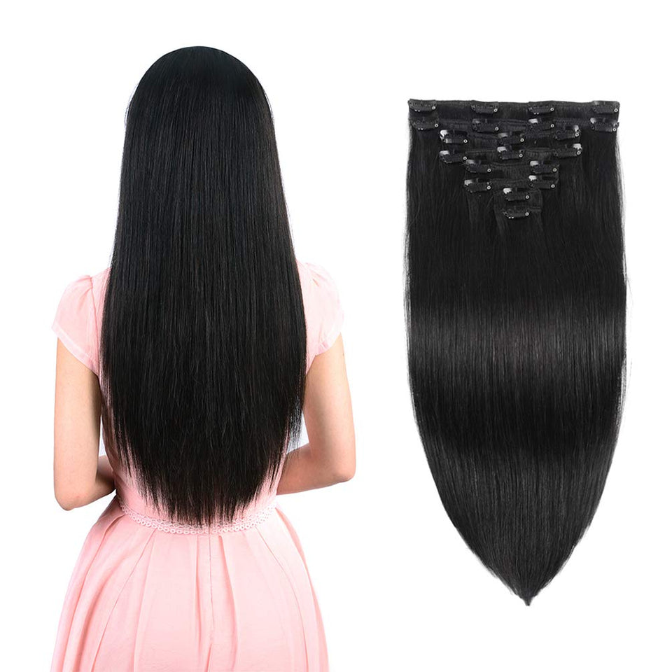 Real Clip in Hair Extensions Natural Black 8 Pieces - Premium Womens Straight Double Weft Thick Remy Hair Extensions Clip in on Human Hair for Long Hair (16" / 16 inch, 1B, 102 grams/3.6 Oz)