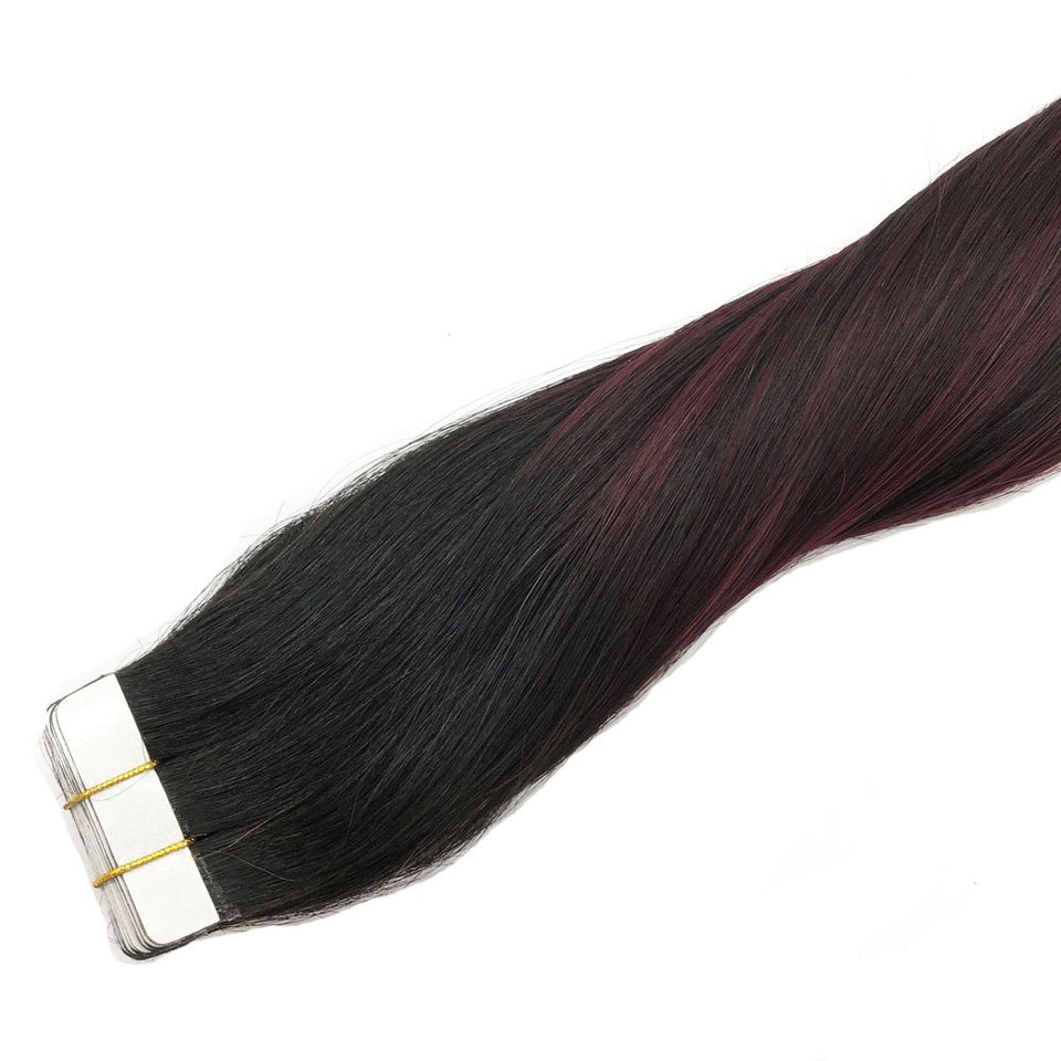 Googoo 22inch Hair ExtensionTape in Human Hair Balayage Black to Red Ombre Skin Weft Tape in Remy Hair Extensions Straight 20pcs 50g