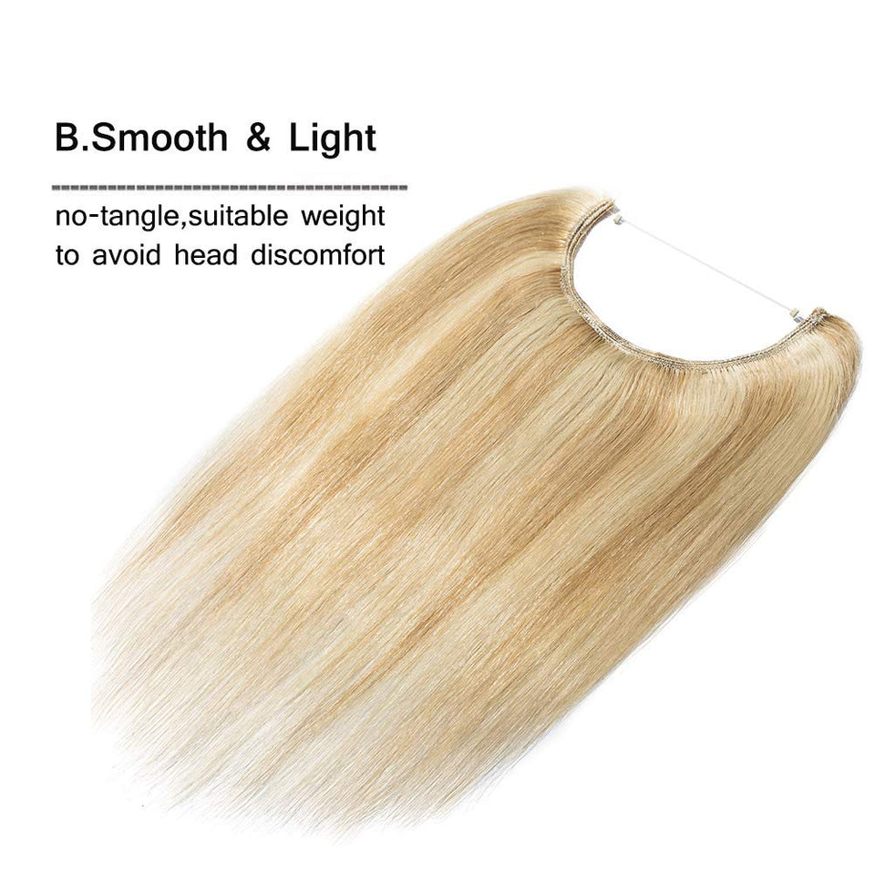 Hidden Invisible Crown Flip on Human Hair Extension One Piece Secret Miracle Wire in Hairpieces Highlight Remy Hair Translucent Fish Line Headband 60g 16'' #18/613 Light Ash Blonde/Bleach Blonde