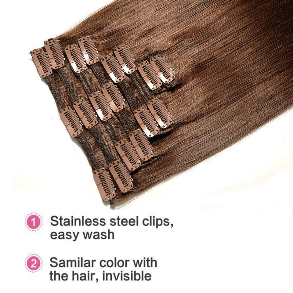 140g Double Weft Clip in 100% Remy Human Hair Extensions #4 Medium Brown Grade 7A Quality Full Head Thick Thickened Long Soft Silky Straight 8pcs 18clips for Women Fashion 18" / 18 inch