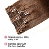 140g Double Weft Clip in 100% Remy Human Hair Extensions #4 Medium Brown Grade 7A Quality Full Head Thick Thickened Long Soft Silky Straight 8pcs 18clips for Women Fashion 18" / 18 inch