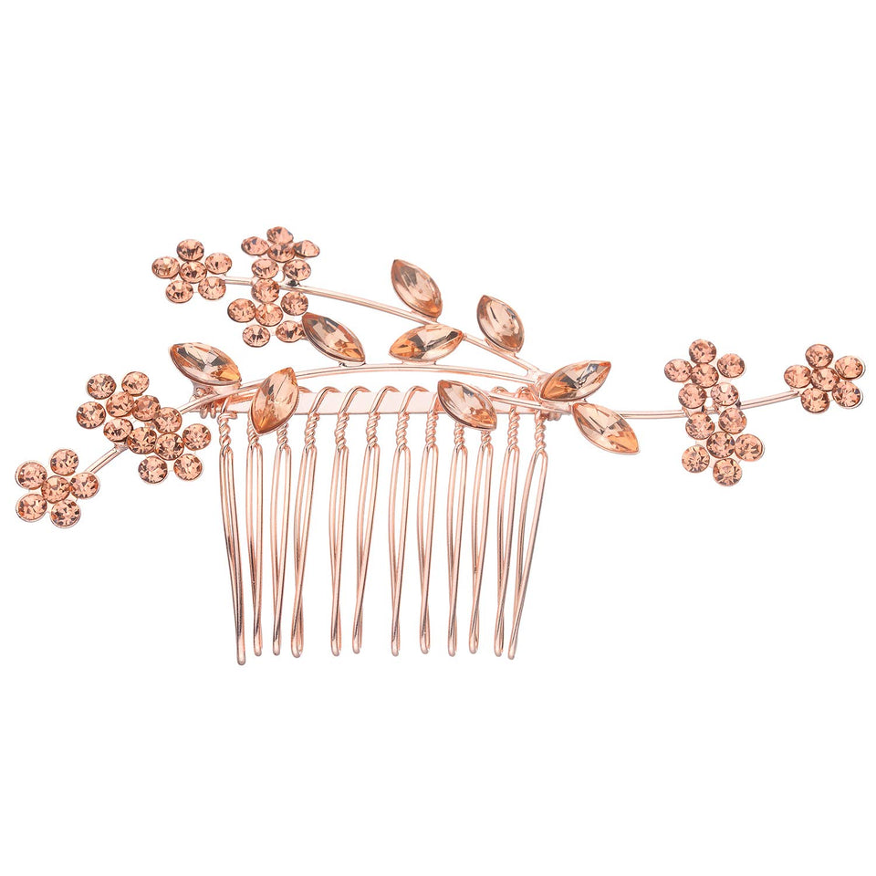Lux Accessories Rose Gold Rhinestone Bridal Floral Flower Vine Metal Hair Comb