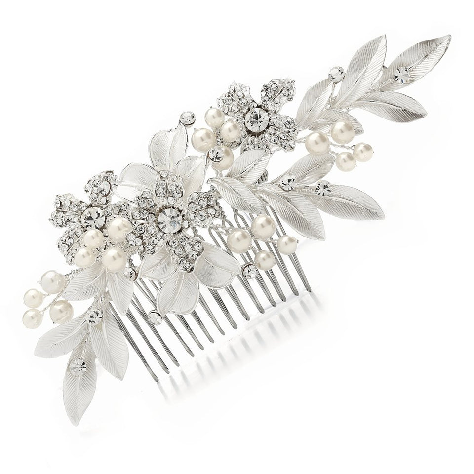 Mariell Couture Bridal Hair Comb with Hand Painted Leaves, Pave Crystal & Pearls