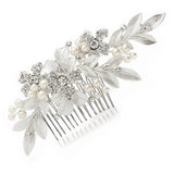 Mariell Couture Bridal Hair Comb with Hand Painted Leaves, Pave Crystal & Pearls