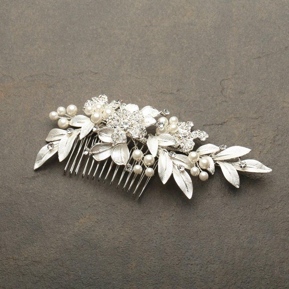 Mariell Couture Bridal Hair Comb with Hand Painted Leaves, Pave Crystal & Pearls
