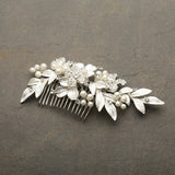 Mariell Couture Bridal Hair Comb with Hand Painted Leaves, Pave Crystal & Pearls