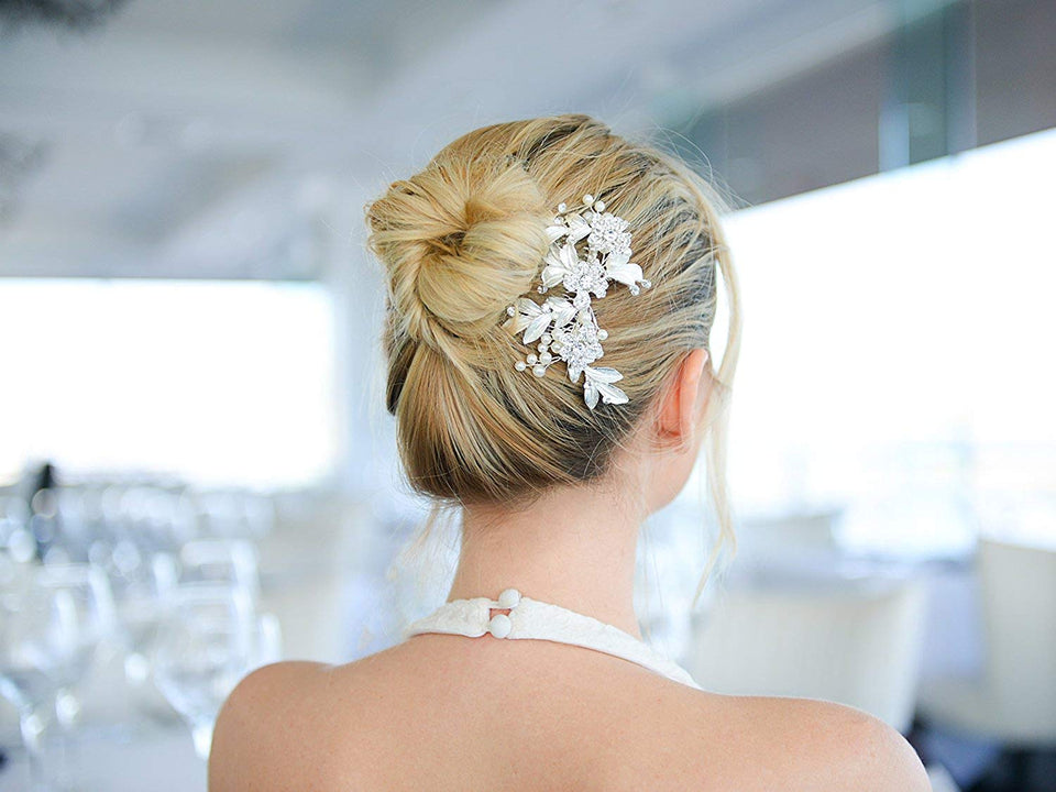 Mariell Couture Bridal Hair Comb with Hand Painted Leaves, Pave Crystal & Pearls