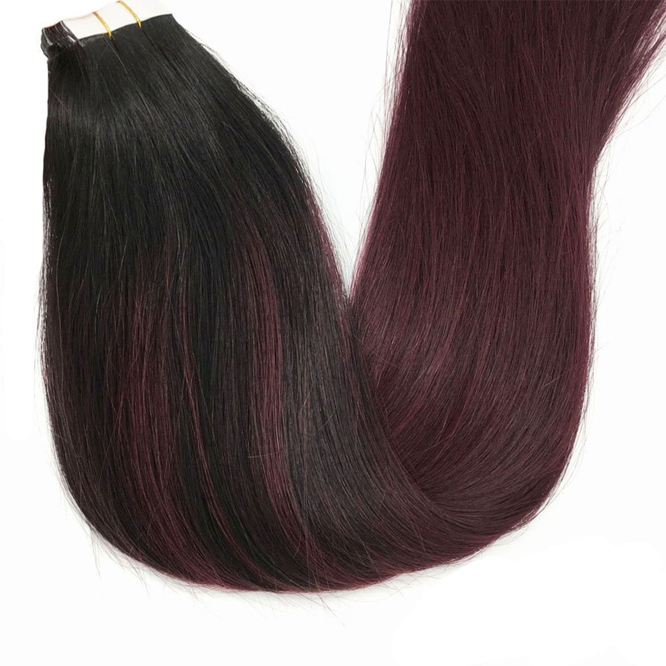 Googoo 22inch Hair ExtensionTape in Human Hair Balayage Black to Red Ombre Skin Weft Tape in Remy Hair Extensions Straight 20pcs 50g