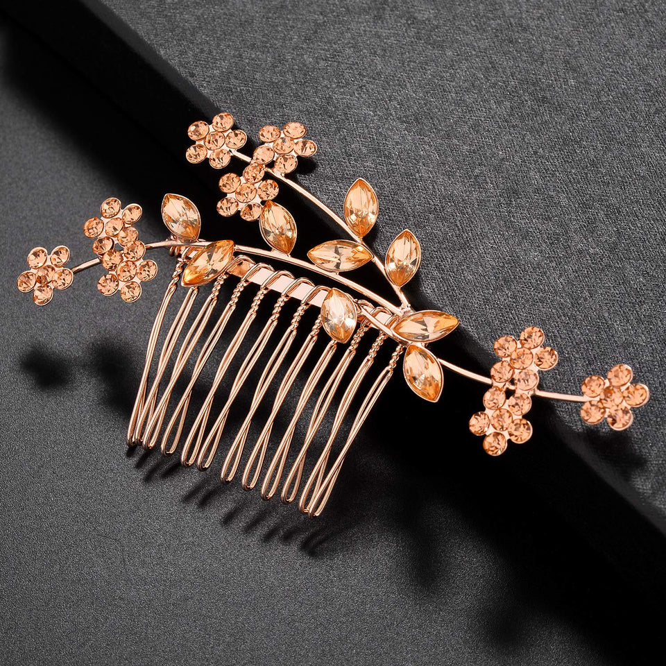 Lux Accessories Rose Gold Rhinestone Bridal Floral Flower Vine Metal Hair Comb