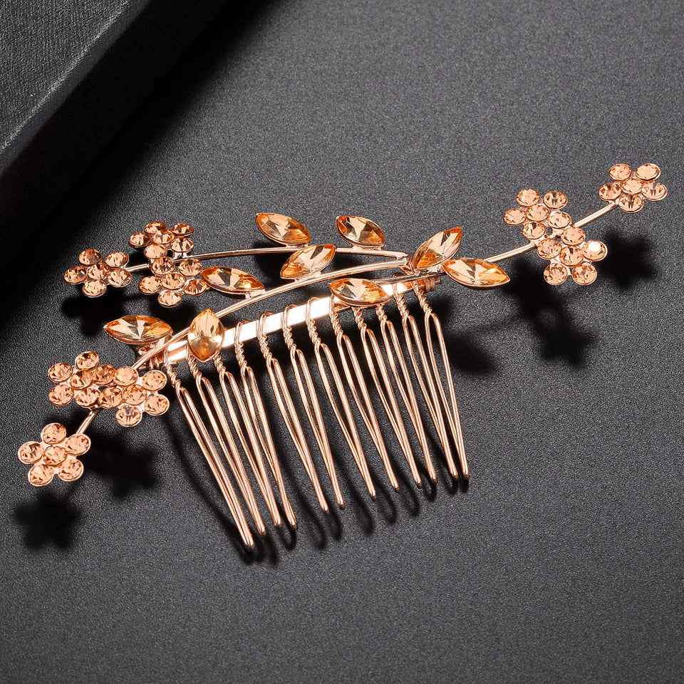 Lux Accessories Rose Gold Rhinestone Bridal Floral Flower Vine Metal Hair Comb